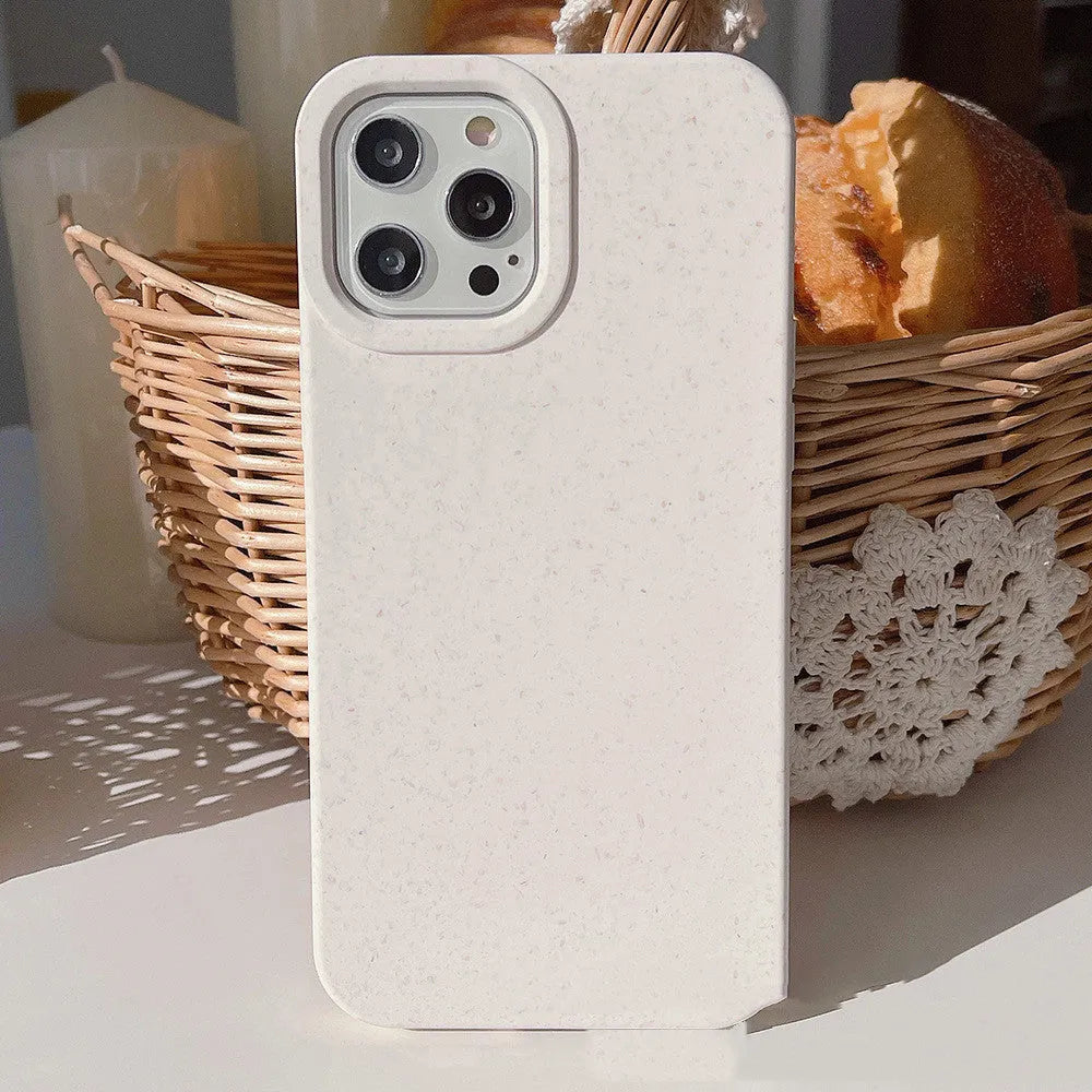 Fully degradable wheat straw fibre phone case for Apple iPhone, shown in multiple colours.