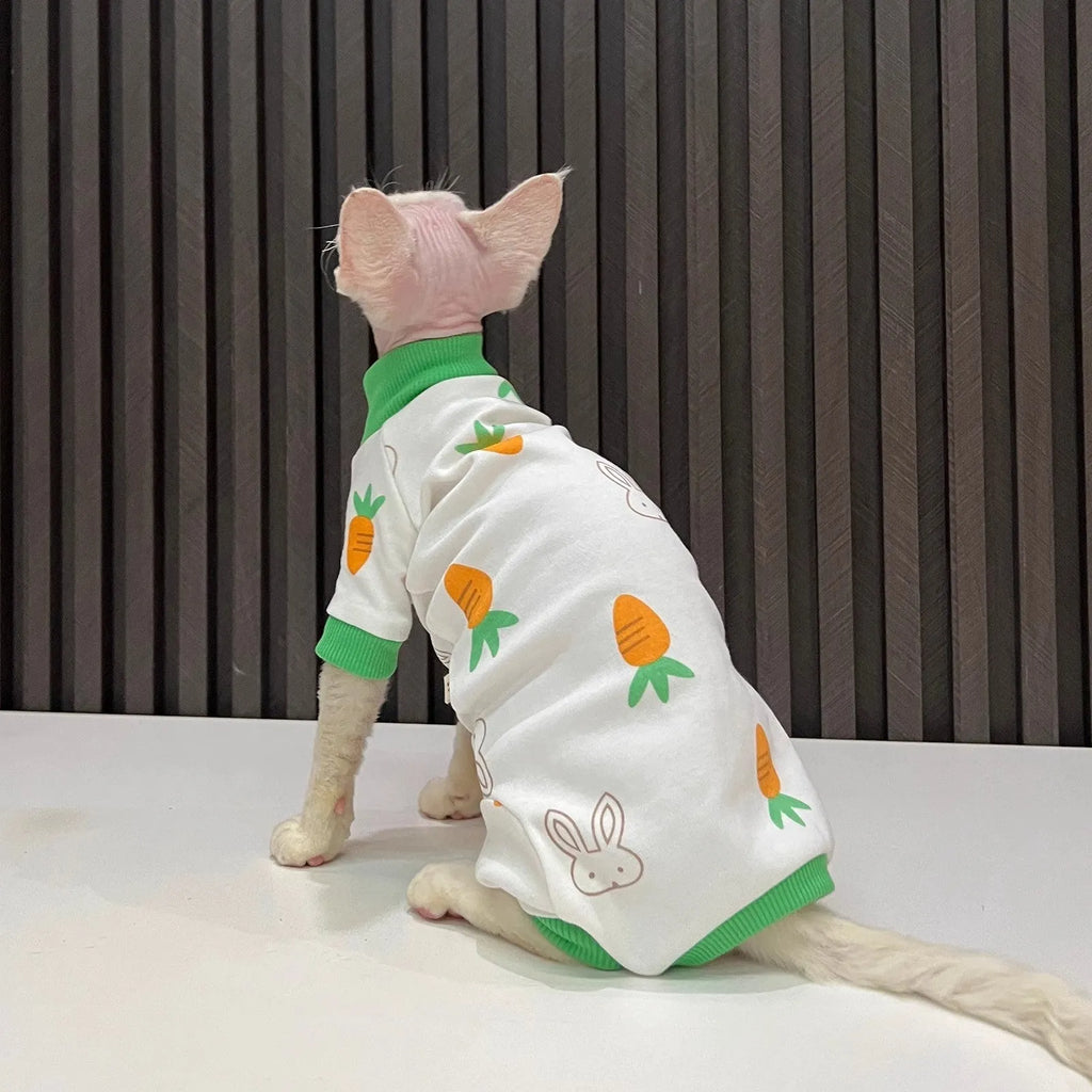 Hairless cat wearing all-inclusive sleeved polyester pet clothing in 2502 Carrot colour, cartoon style.