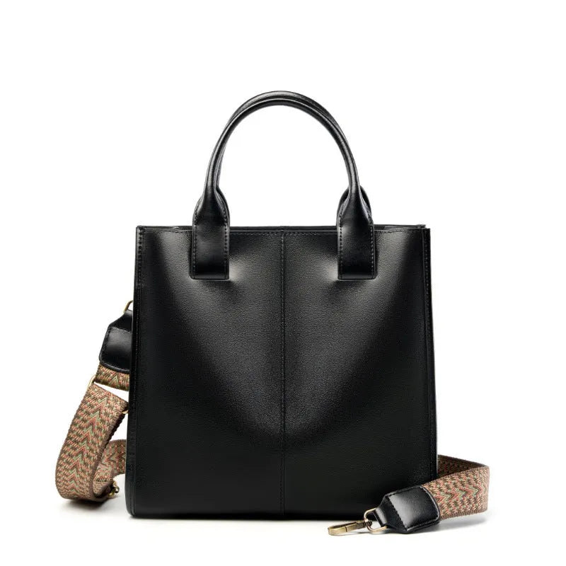 Women's genuine leather large capacity tote bag in urban simplicity style with splicing details
