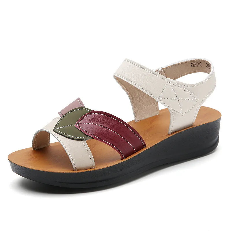 Women's velcro sandals with thick sole, beige colour, side hollow design
