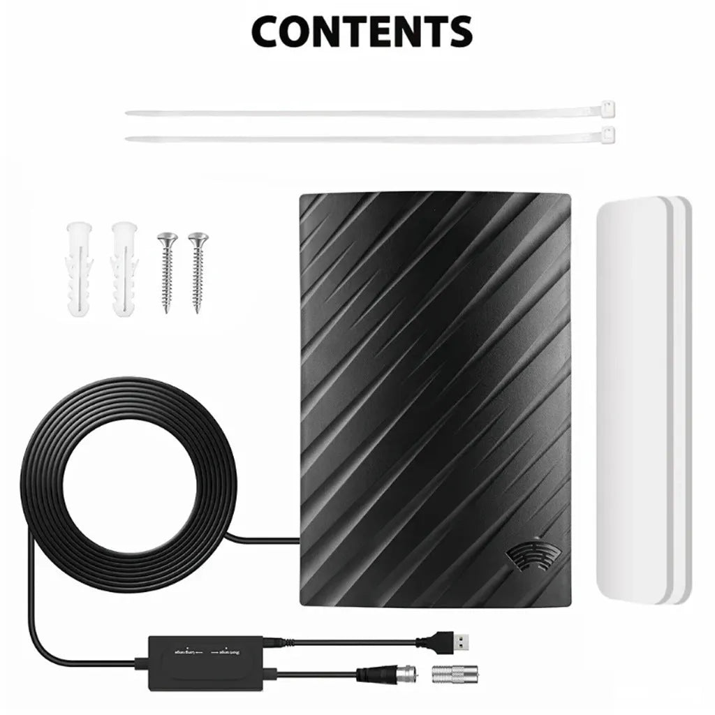 Black plastic digital HD television antenna with mounting screws, tubes, cable ties, and adhesive tape.