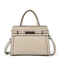 Women's black genuine leather crossbody clamshell handbag with multiple internal zip pockets.