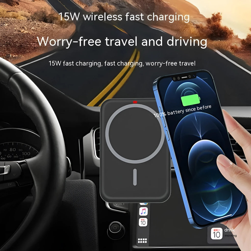 Black plastic car wireless charger, 15W, Type-C, for Apple 12 13 14, 9.4cm x 6.4cm x 2.6cm