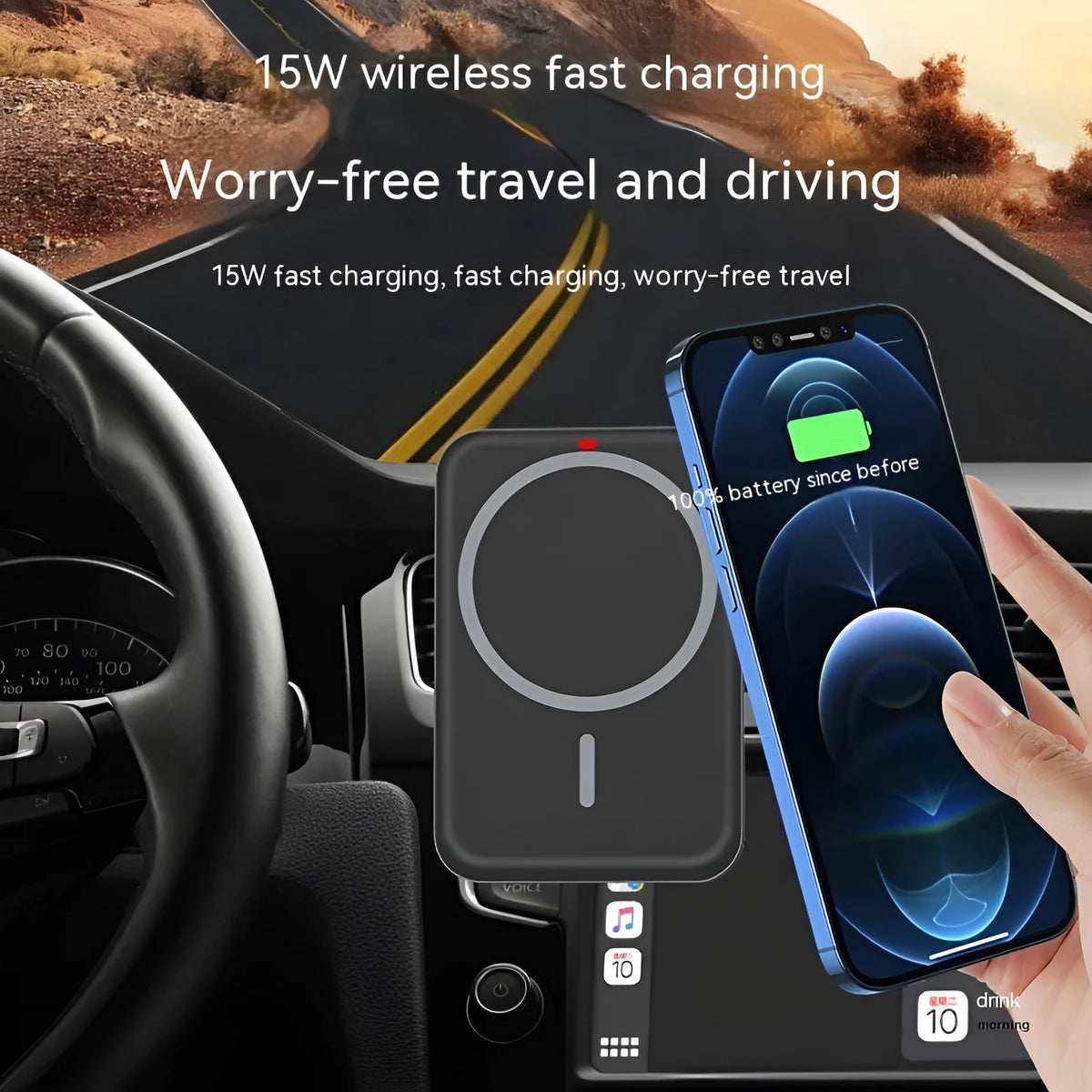 Black plastic car wireless charger, 15W, Type-C, for Apple 12 13 14, 9.4cm x 6.4cm x 2.6cm