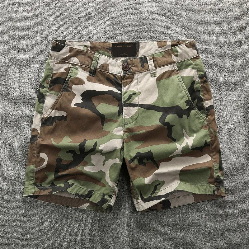 Green camouflage cotton shorts for youth men with zip fly and mid waist design