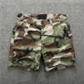 Green camouflage cotton shorts for youth men with zip fly and mid waist design