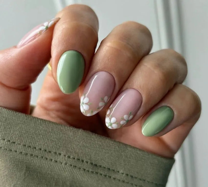 New Simple Fake Nails Set White Little Flower Long Green Section Almond Shaped Wearable Nail Art for Ladies Black Jelly Glue Rub Yellow Jelly Glue Rub Colour CW680