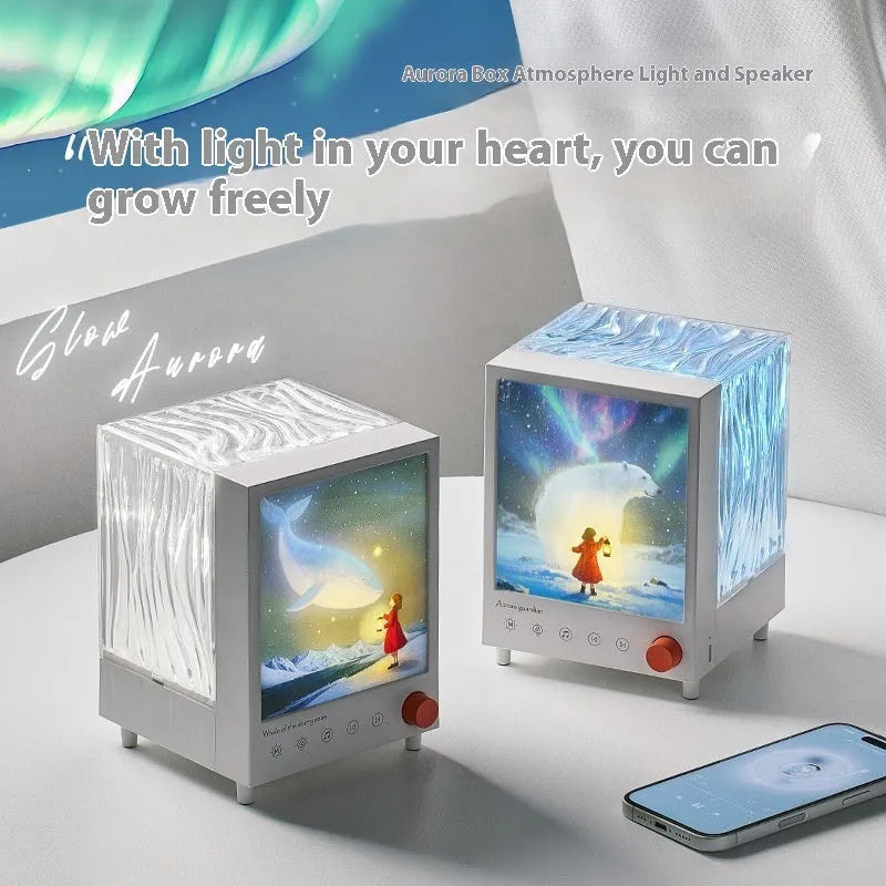 Aurora Treasure Box Star Sea Whale projection lamp with Bluetooth on a surface.