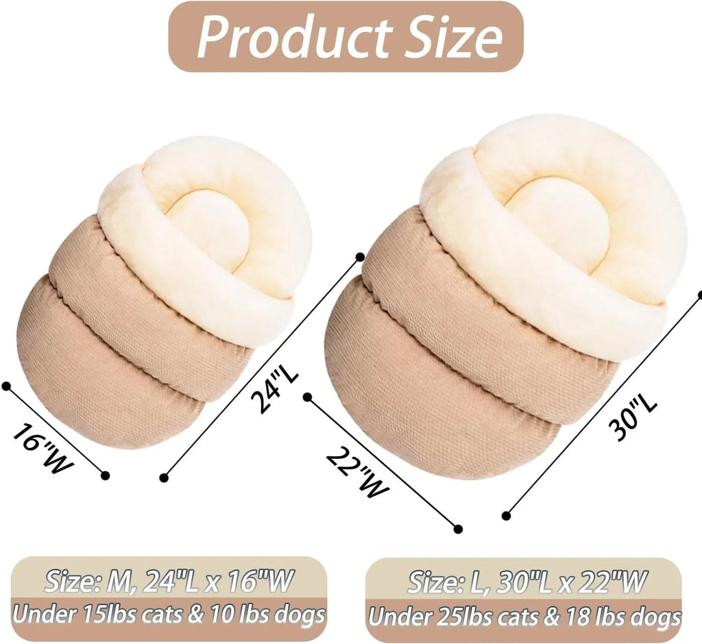 Slipper-shaped cat cave bed with corduroy exterior and self-warming design on hard flooring