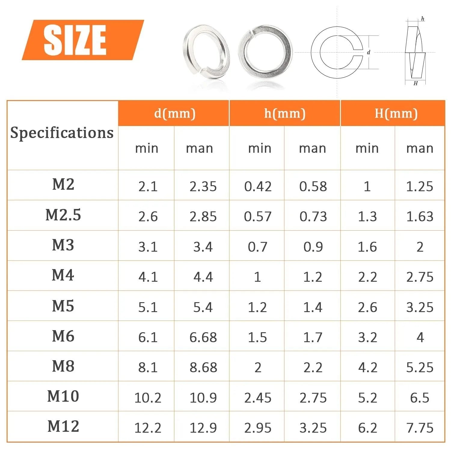 Open box showing assortment of small, shiny 304 stainless steel spring lock washers in various sizes.