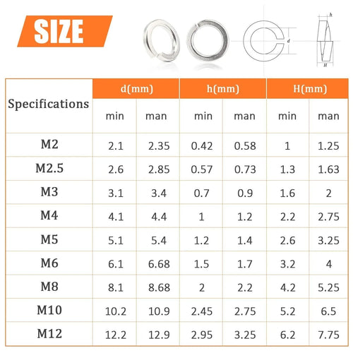 Open box showing assortment of small, shiny 304 stainless steel spring lock washers in various sizes.