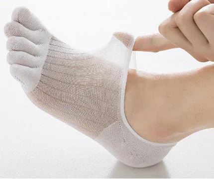 Five-finger boat socks in modal cotton, shown in black, dark grey, light grey, khaki, and white colour options.