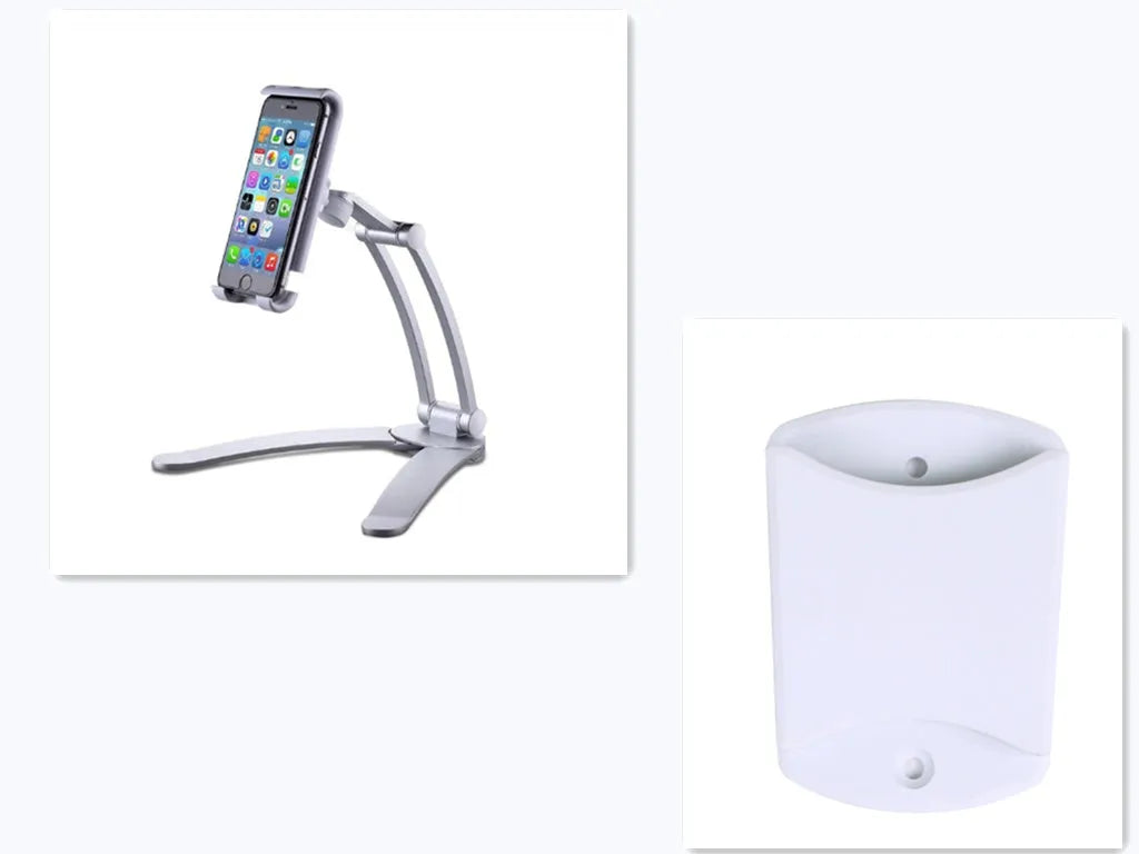 Silver aluminium alloy desktop tablet stand holding a tablet, showing its 360-degree rotation and adjustable chuck mechanism.