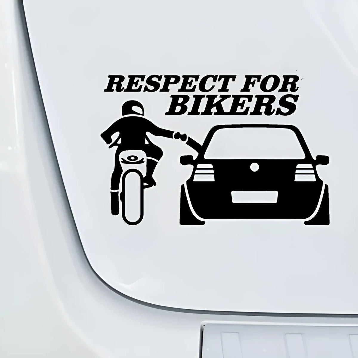 Cartoon funny motorcycle rider car sticker in A Black on a reflective polyester film surface, size 13x19cm