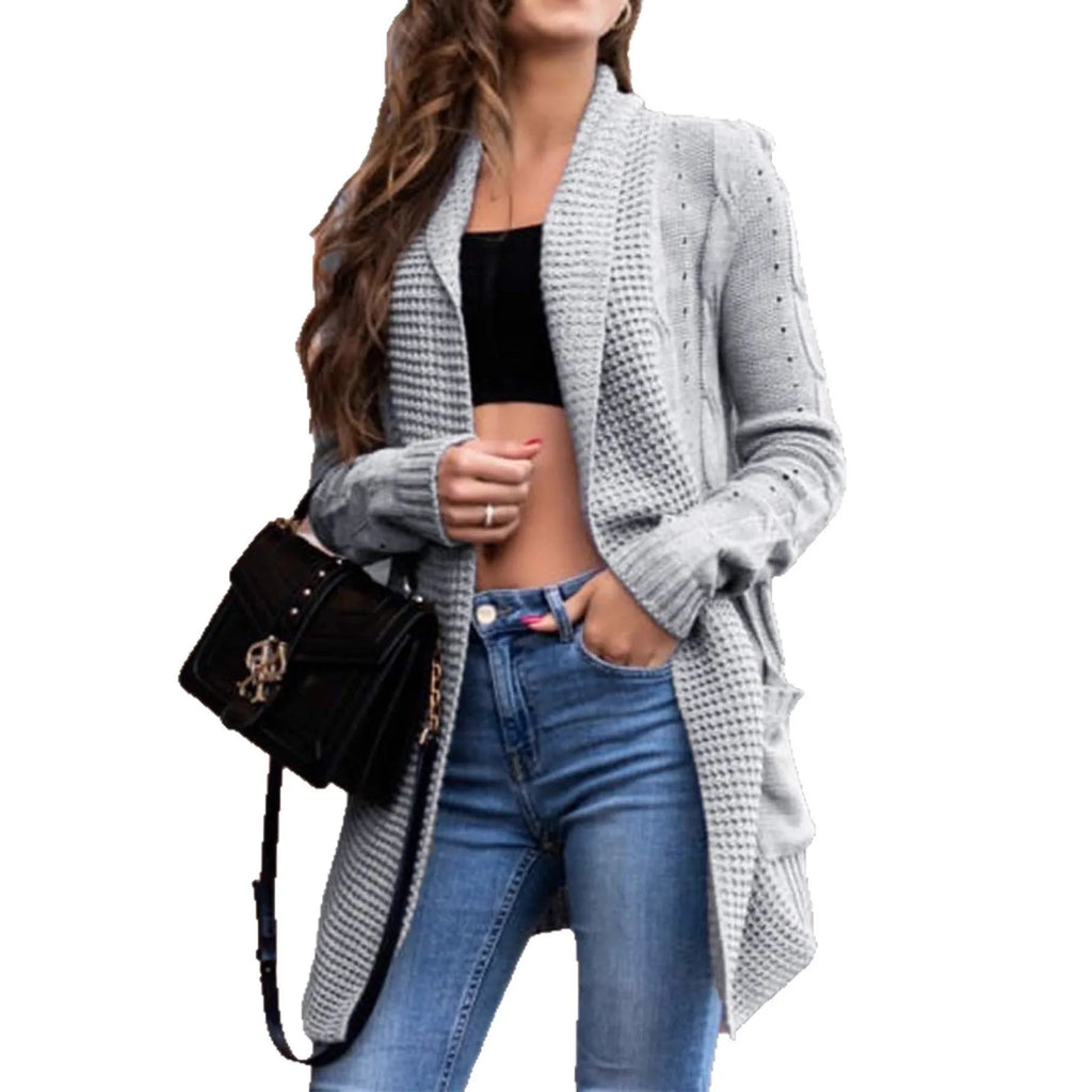 Women's grey thick viscose cardigan coat with pockets, medium length loose fit design