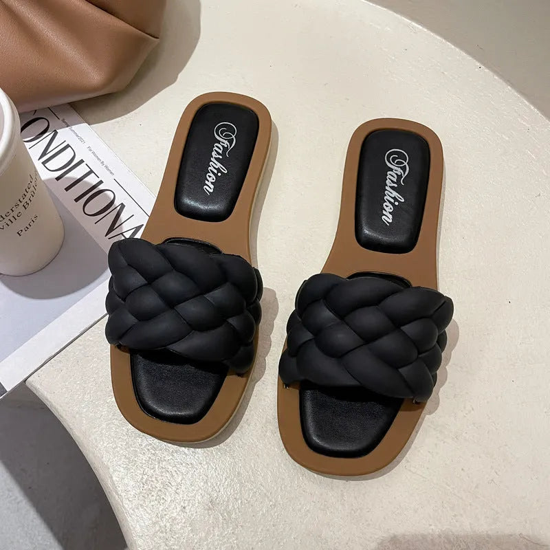 Women's plaid pattern beach sandals with thick PVC sole in white, green, black, or orange.