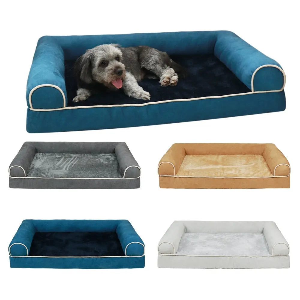 Square dark grey cloth dog bed with sponge core on a wooden floor, showing low-profile design and breathable fabric texture.