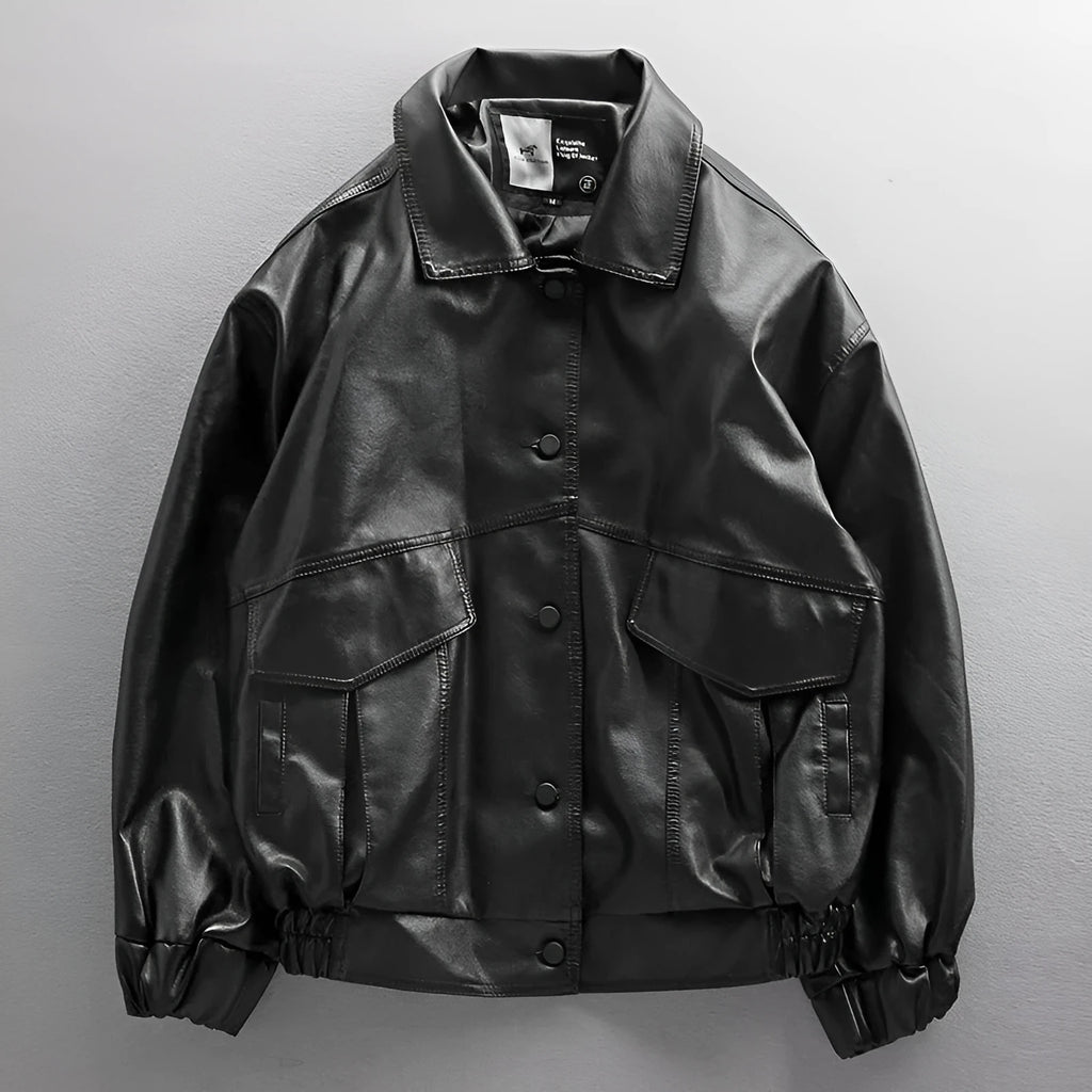 Men's black PU leather biker jacket loose street trend youth pop style front view