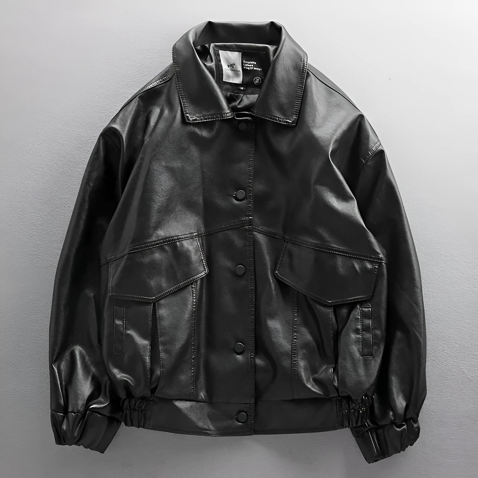 Men's black PU leather biker jacket loose street trend youth pop style front view