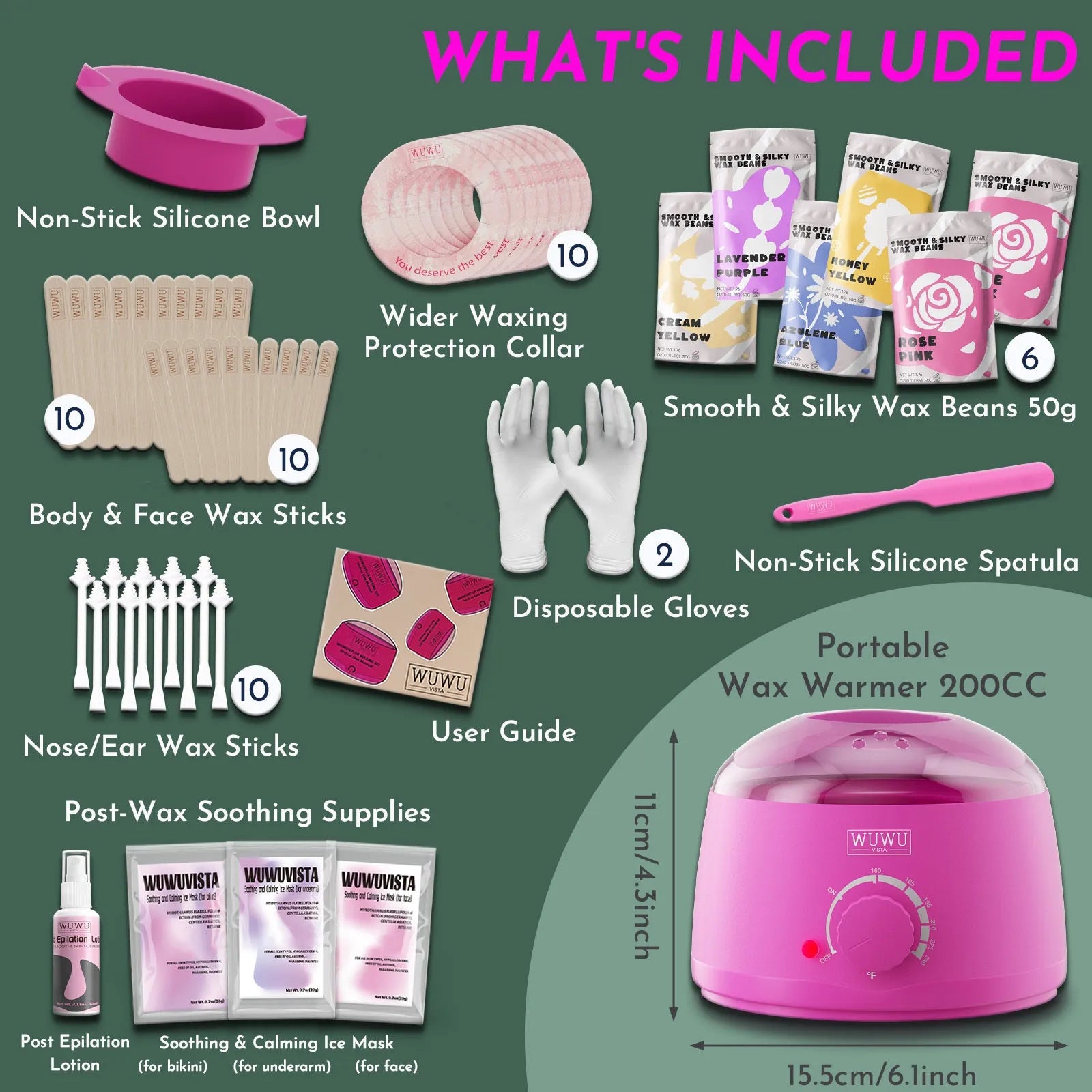 WUWUVISTA professional waxing kit with black wax warmer, coloured hard wax beads, applicators, and aftercare products.