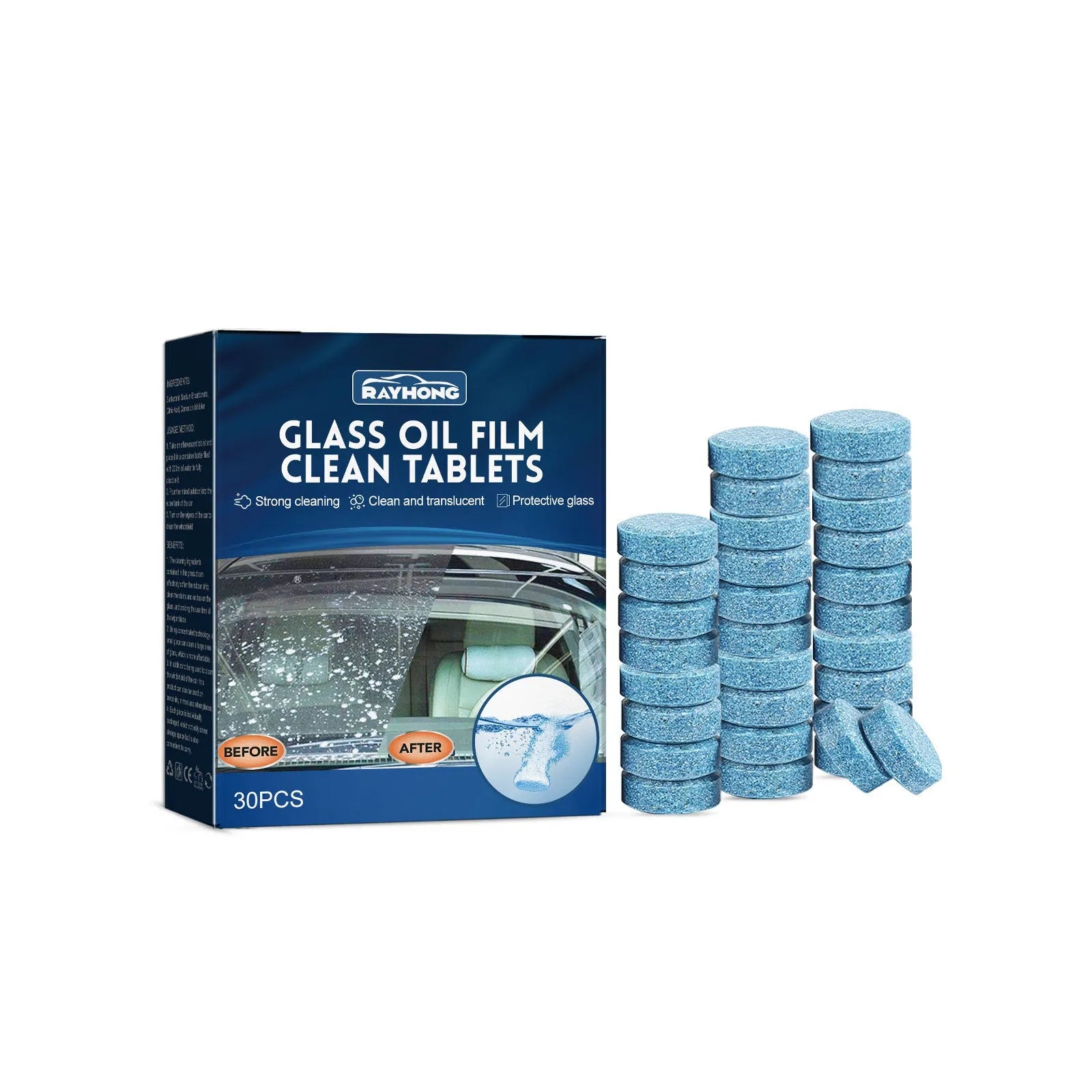 Box of 30 car oil-removing film cleaning effervescent tablets for vehicle glass