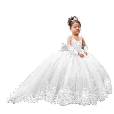 Girls' long small trailing lace mesh bubble skirt in Bean Pink with polyester lining, full front view