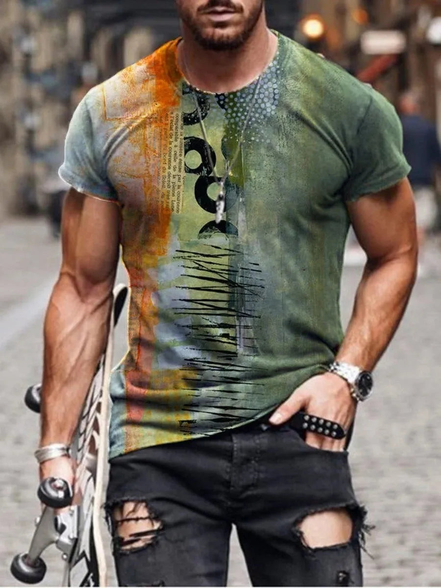 Man wearing a loose-fit camouflage print short-sleeved T-shirt in milk silk fabric.