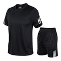Men's two-piece sports suit with short-sleeve T-shirt and shorts in quick-dry polyester blend, available in multiple colours