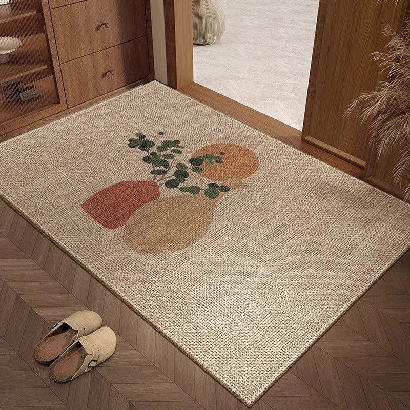 Beige rectangle linen home mat with printed plant and flower pattern in modern simplicity style, 60x90cm size