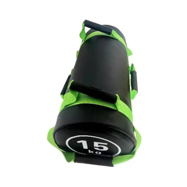 Flat white PVC fitness sandbag for weight training on a gym floor.