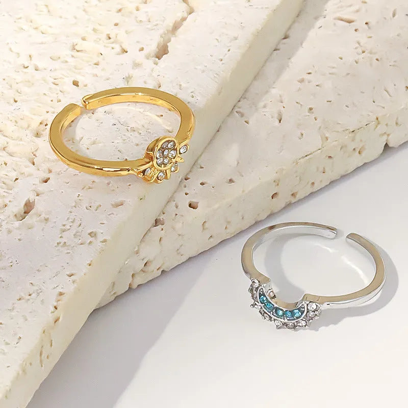 Sun and Moon diamond-studded couple ring set in alloy with geometric shape