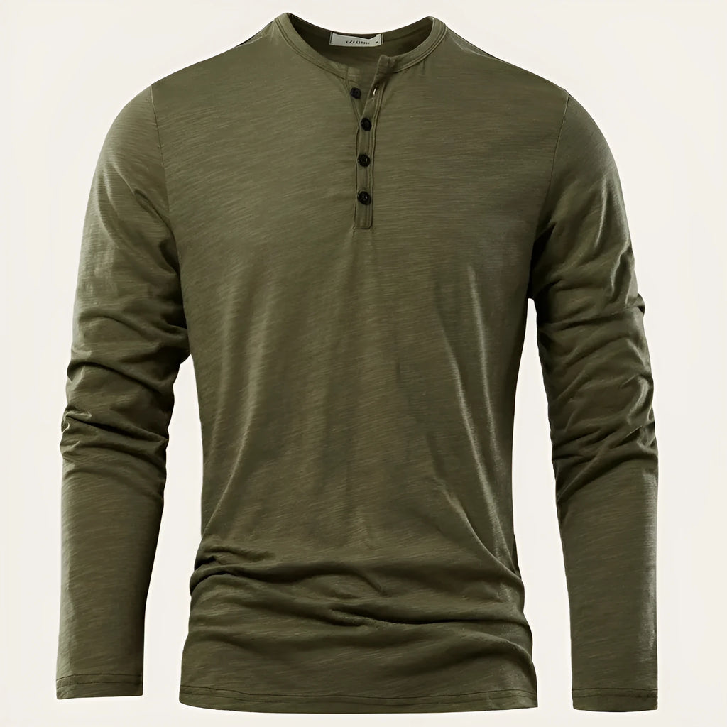 Men's solid colour slub cotton long-sleeved pullover top in army green, front view, casual fit, no hood