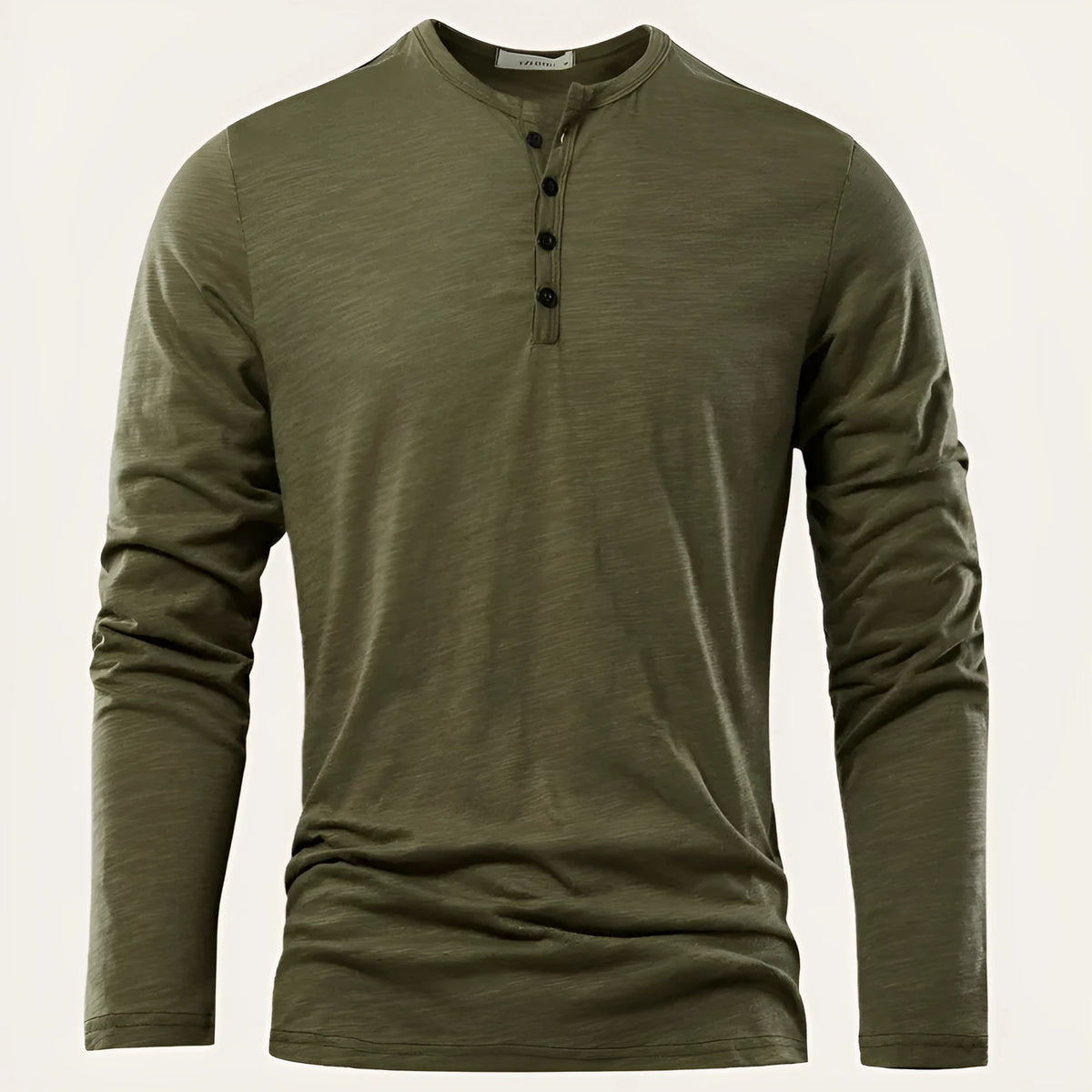 Men's solid colour slub cotton long-sleeved pullover top in army green, front view, casual fit, no hood