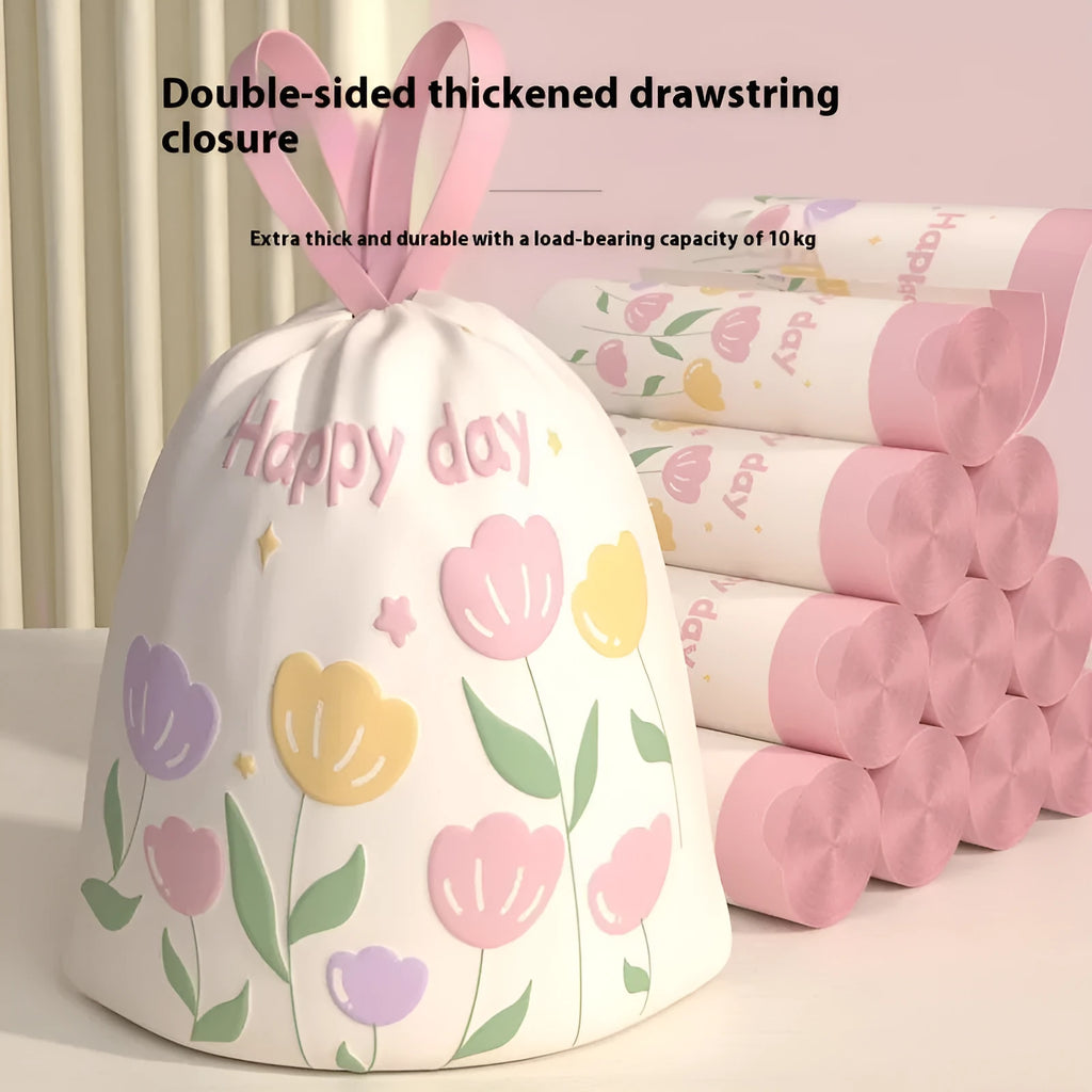 Pink degradable drawstring bin bags with argy wormwood for mosquito repellent, size 44cm by 48cm.