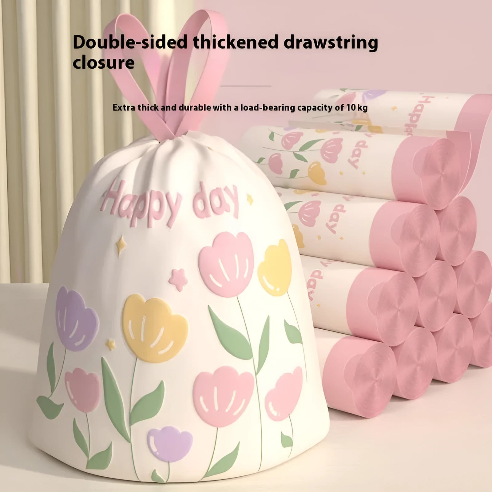 Pink degradable drawstring bin bags with argy wormwood for mosquito repellent, size 44cm by 48cm.