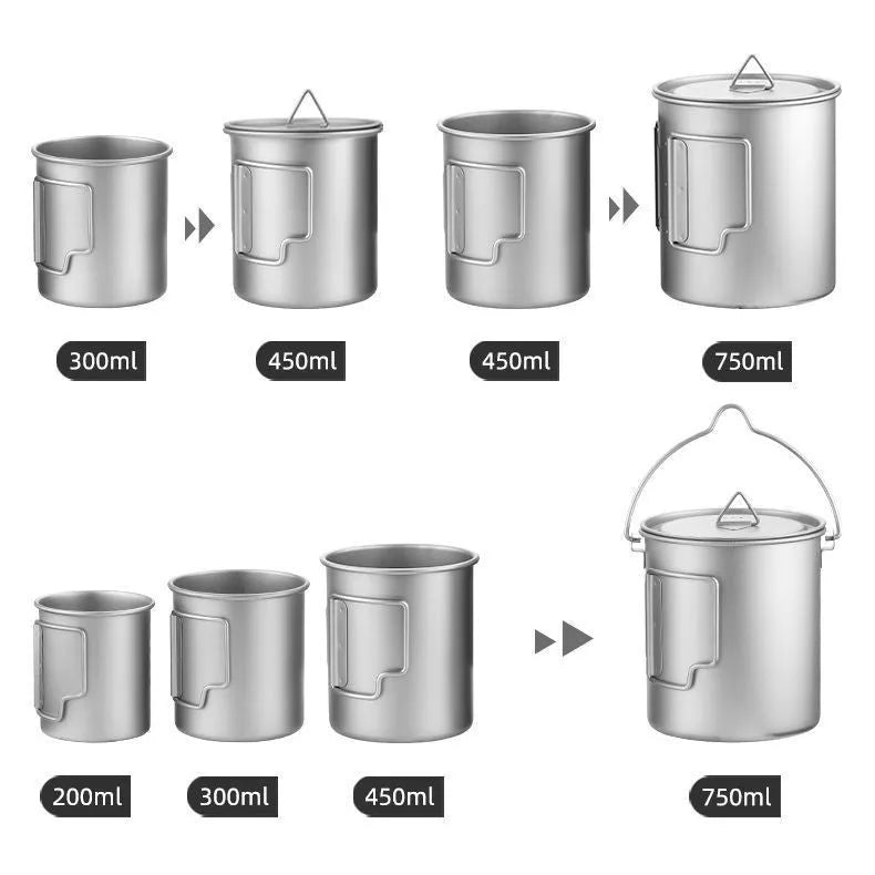 Silver pure titanium camping cup with simple style, available in 300ml 450ml or 750ml capacities