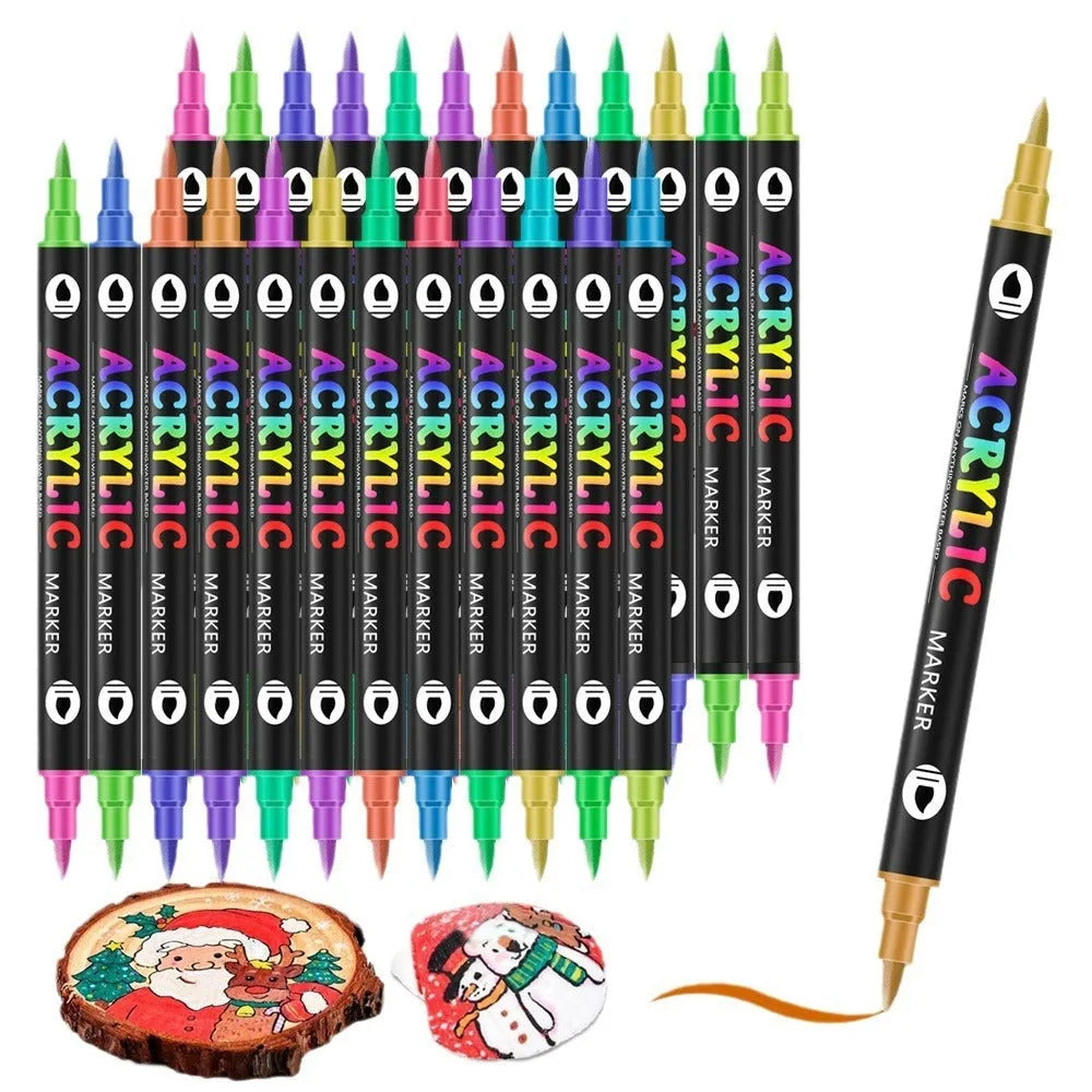 A set of double-headed acrylic marker pens with washable, quick-drying ink in multiple colours.