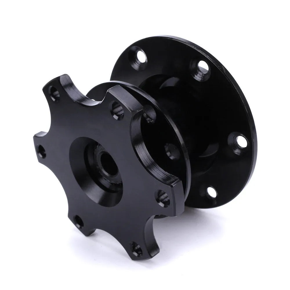 Car steering wheel quick release adapter device in black, red, blue, silver, and gold colour options.
