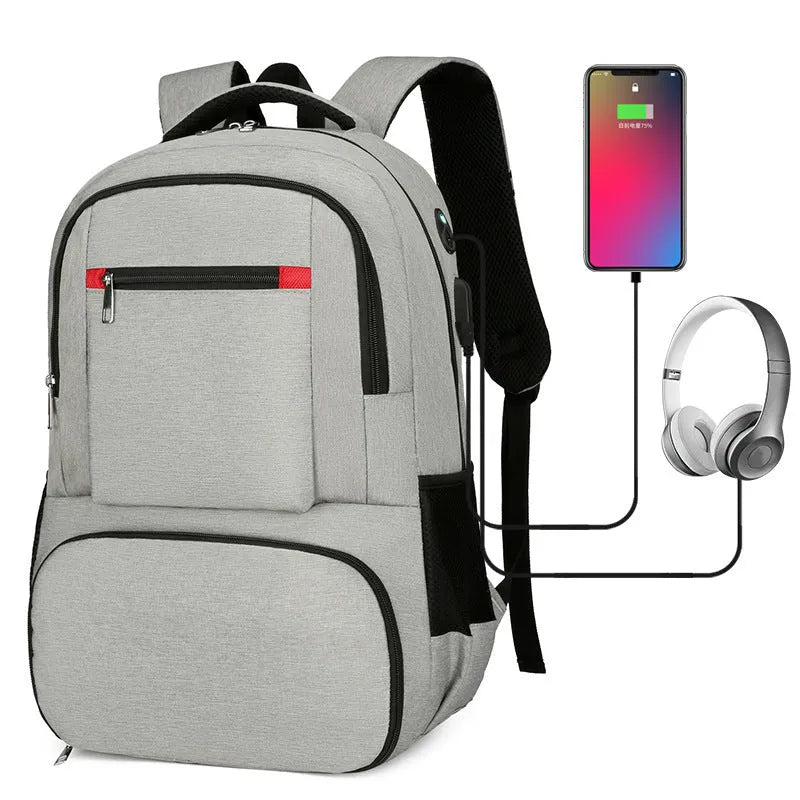 Light grey insulated Oxford cloth backpack with curved shoulder straps and multiple compartments.
