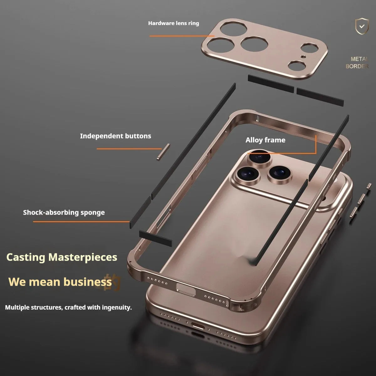 iPhone 17 mobile phone case with seahorse buckle and silver alloy metal frame on a black background.