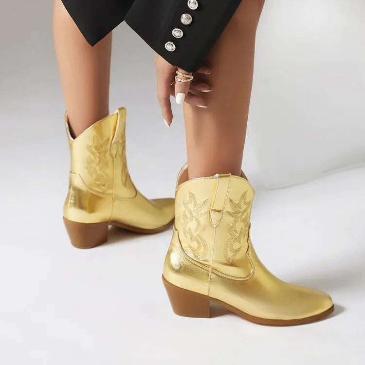 Mirror patent leather knee-high boots with embroidered detail, chunky stiletto heel, pointed toe, silver colour