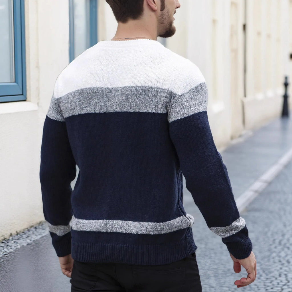 Men's colour-block crew neck pullover sweater in Blue and White Multicolor loose fit