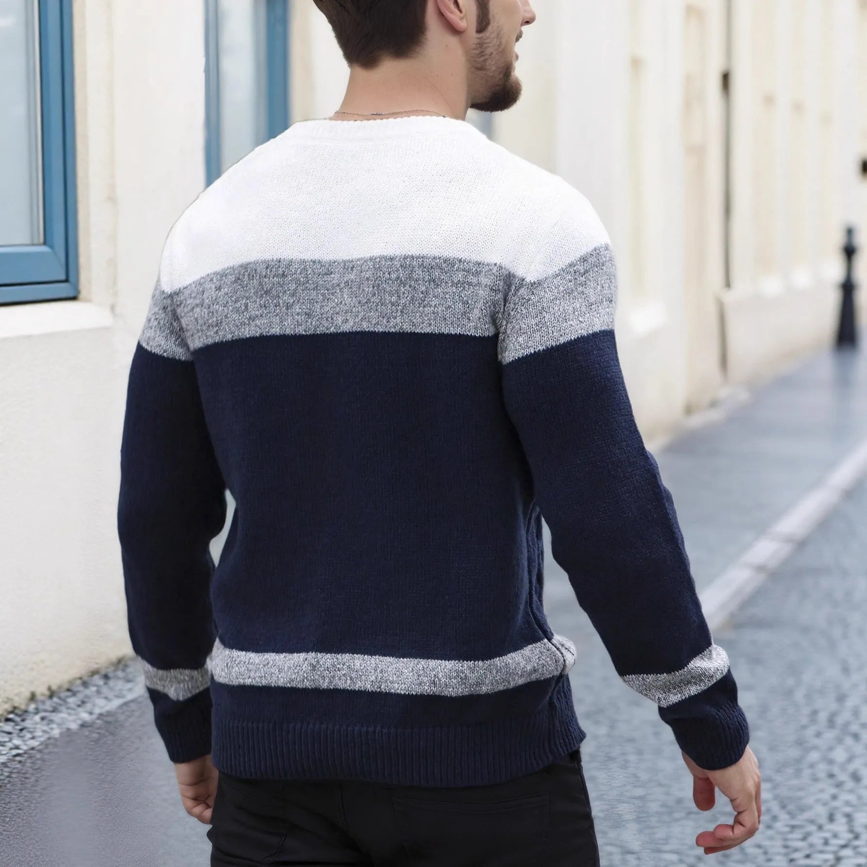 Men's colour-block crew neck pullover sweater in Blue and White Multicolor loose fit