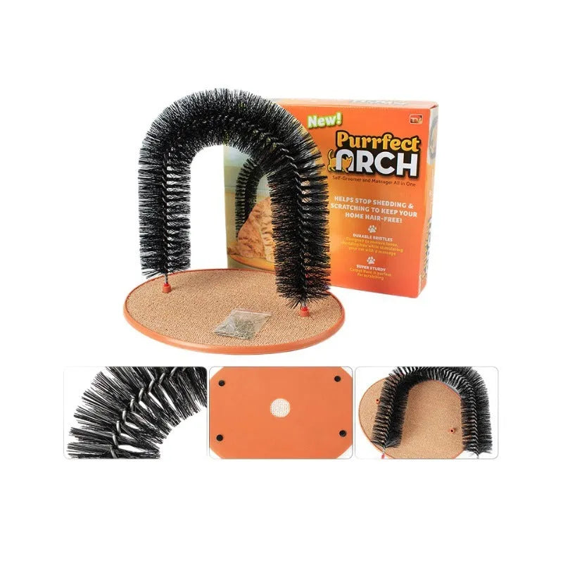 White plastic arched cat scratcher with integrated grooming brush bristles along the inner curve.
