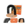 White plastic arched cat scratcher with integrated grooming brush bristles along the inner curve.