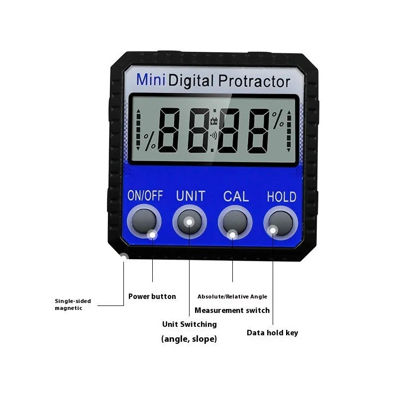 Blue digital inclinometer with magnetic base and multi-angle flip display on a metal surface