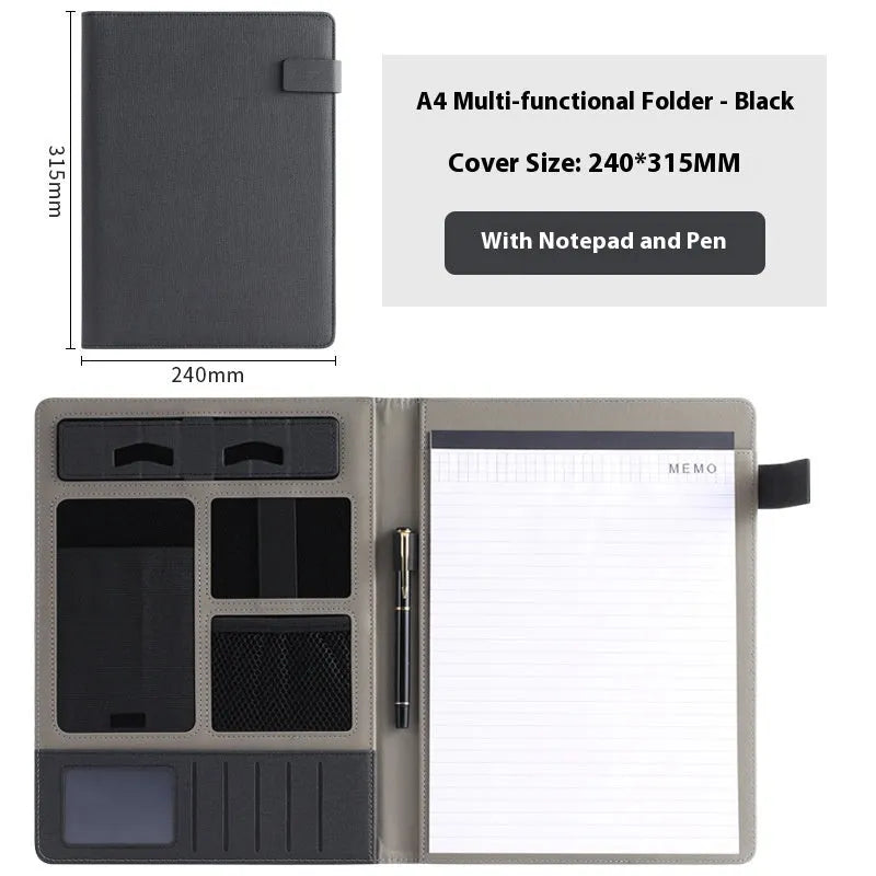 Black leather A4 business folder with 35mm thick sides, shown open on a desk.