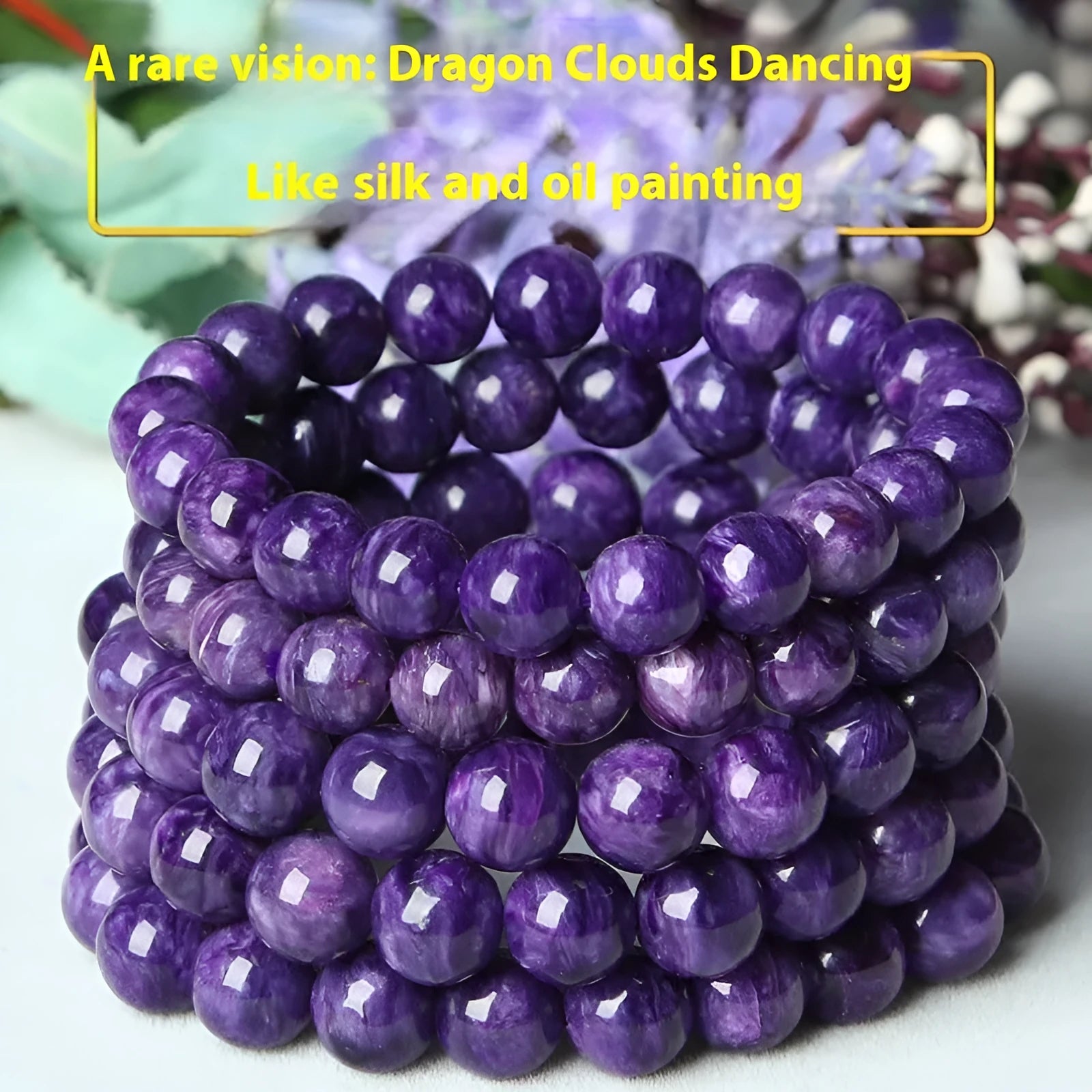 Close-up of a Charoite crystal beaded bracelet with a platinum setting, showing the detailed stone pattern.