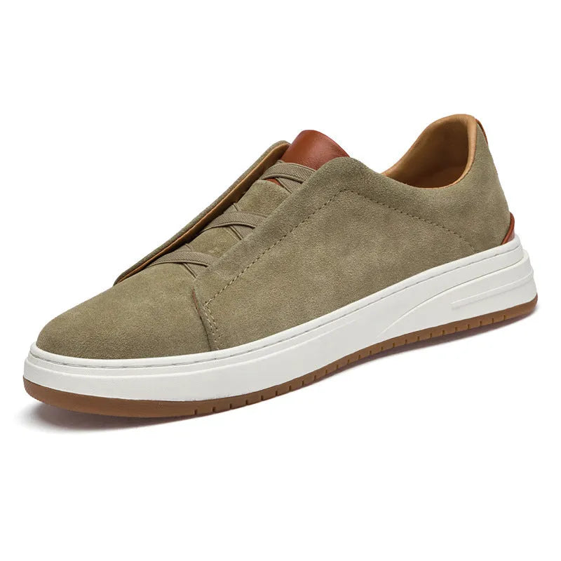 Men's suede casual soft bottom shoes with genuine cowhide leather upper, elastic band, round toe, low-top style in black, blue, khaki