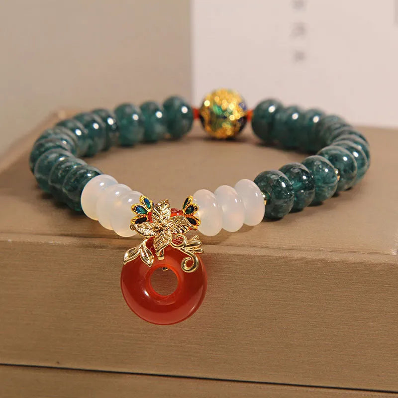 Blue water jade and red agate peace buckle crystal bracelet for women.